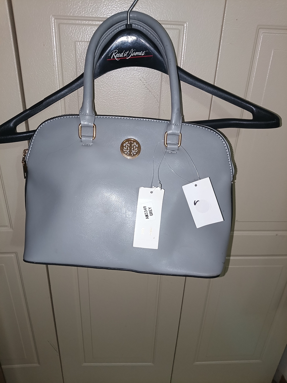 Gray Dome Satchel Handbag with Gold Accent - Brand: